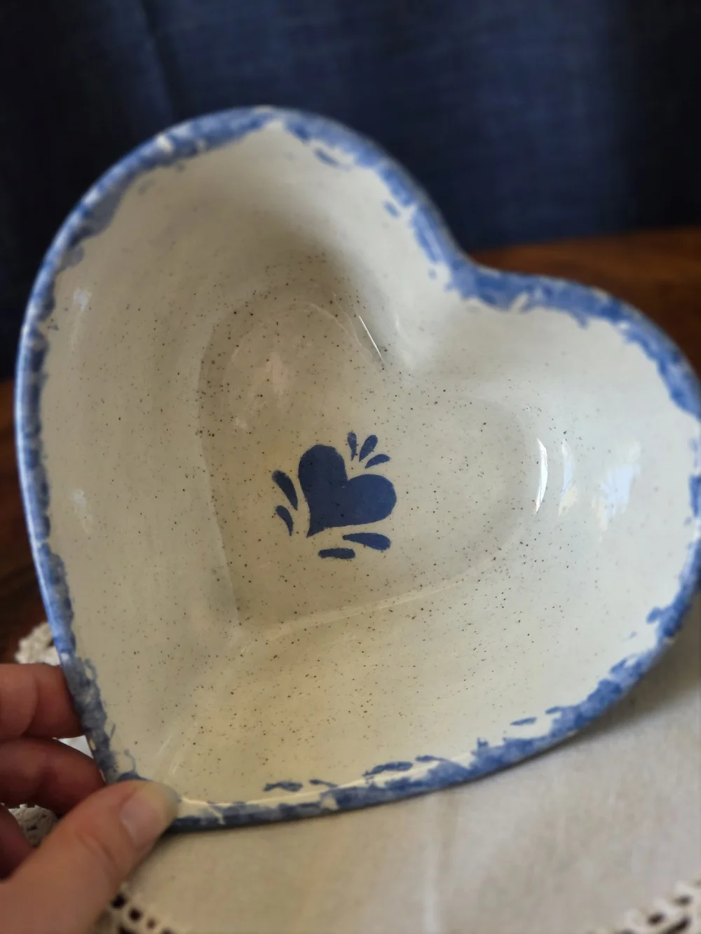 Blue Spongeware Style Heart Pottery Bowl | Primitive Country Farmhouse Decor